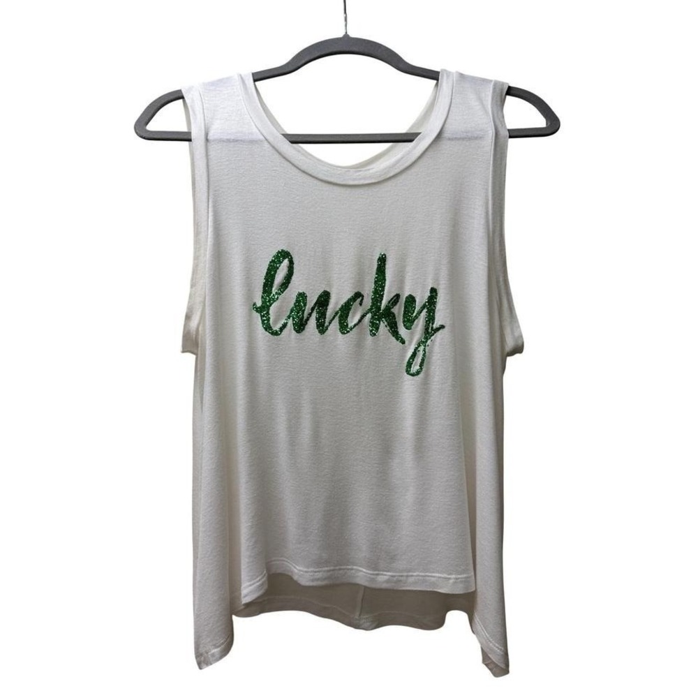 Lucky Glitter Graphic Tank White Flowy Boho Festival Top Small